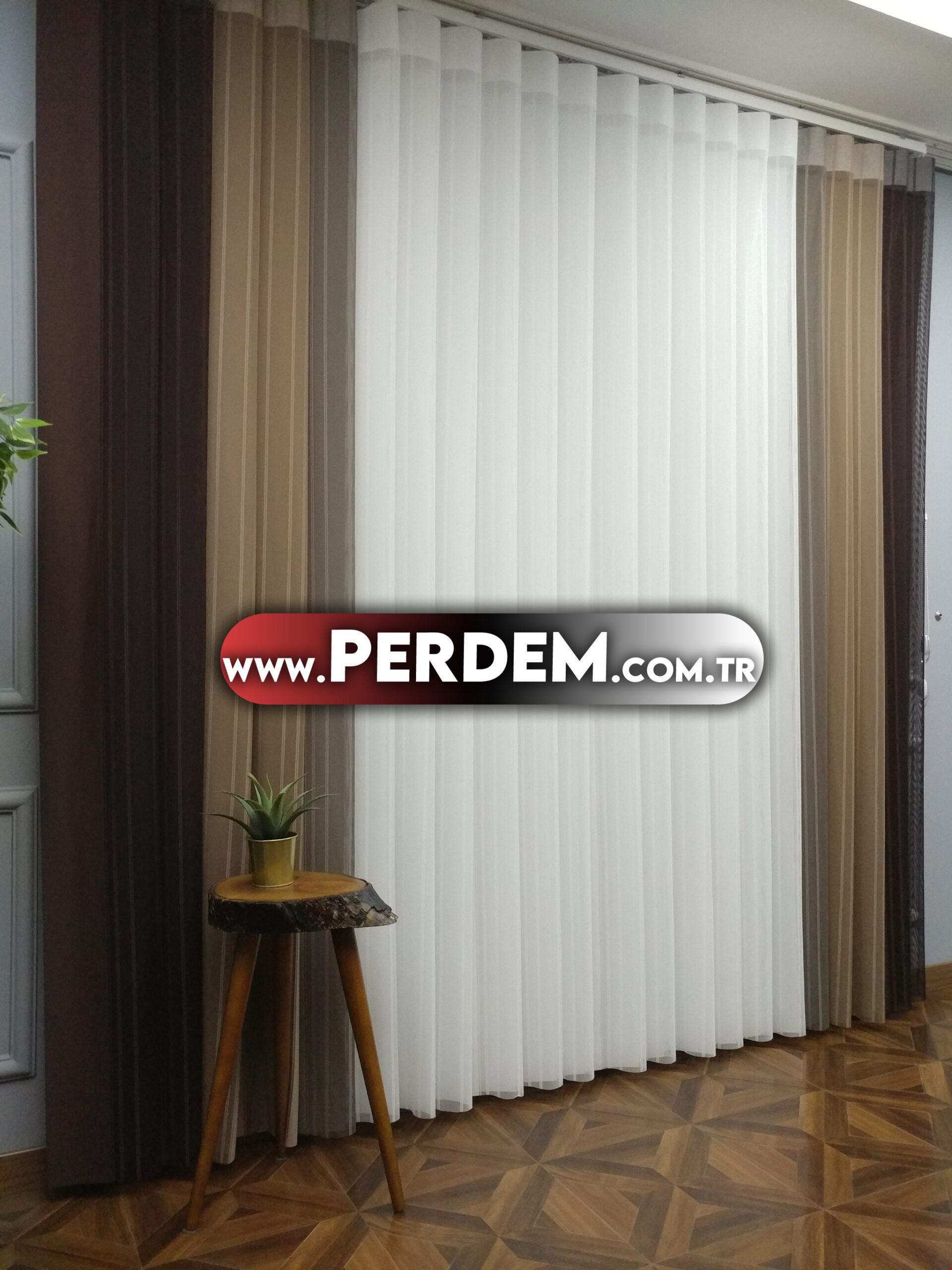 Kahve Vizon Taş Dikey Tül Perde